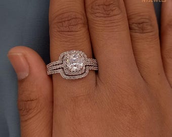 2.50 CT Moissanite Cushion Cut Halo Wedding Ring With Enhancer Guard, 14K Gold Wedding Enhancer Guard & Ring, Promise Ring, Women&#39;s Ring
