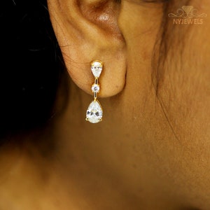 Moissanite Drop Earrings: 14K Yellow Gold Pear & Round Cut