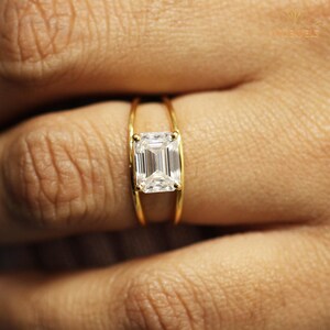 Emerald Cut 2 CT Moissanite Engagement Ring, Unique 14K Yellow Gold Wedding Ring Horizontal East West Diamond Double Shank Anniversary Ring