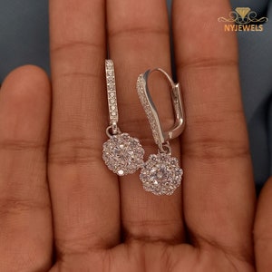 Moissanite Drop Earrings: 2.5 CT Round Cut, 14K White Gold Lever Back