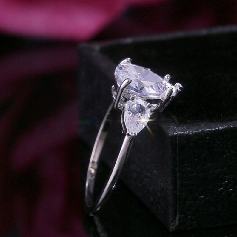 Excellent Pear Cut 925 Sterling Silver 14K White Gold Ring Certified 3.00 Ct Pear Shape White Diamond Engagement Ring,Three Stone Ring