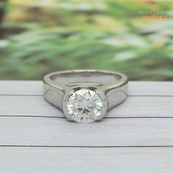 14k White Gold 2 Carat Moissanite Diamond Tension Set, Wedding Ring Gift For Men, Round Cut Half Bezel, Handmade Engagement Ring For Him