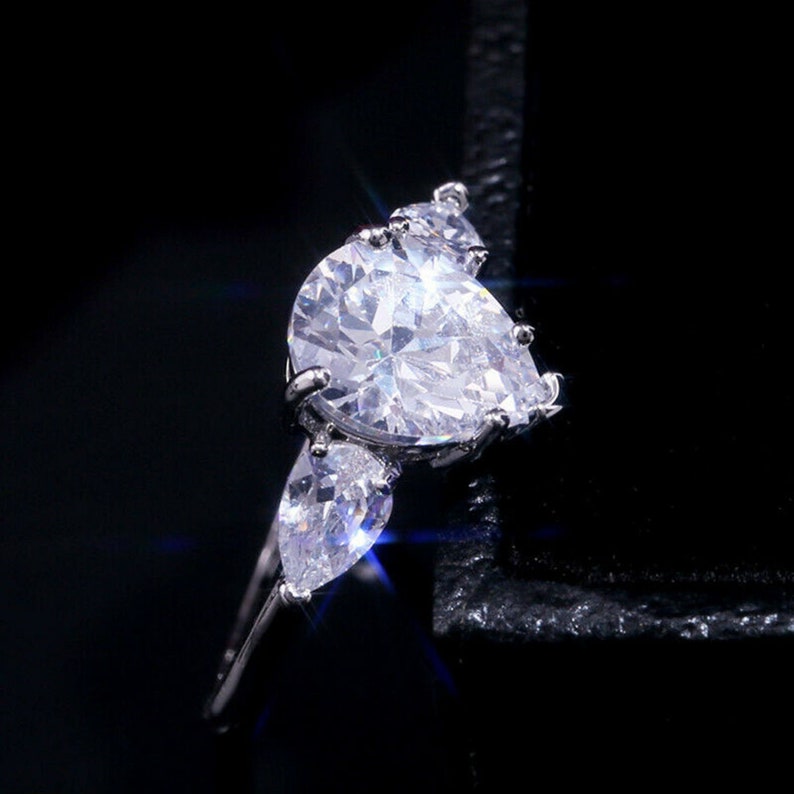 Excellent Pear Cut 925 Sterling Silver 14K White Gold Ring Certified 3.00 Ct Pear Shape White Diamond Engagement Ring,Three Stone Ring
