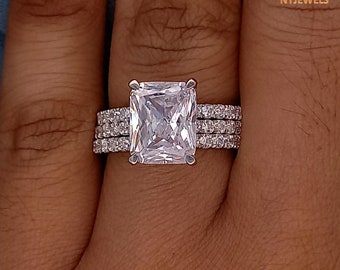 3.50 CT Radiant Cut Moissanite Engagement Ring With Two Matching Band, 14K White Gold Bridal Ring Set, Hidden Halo Wedding Anniversary Ring