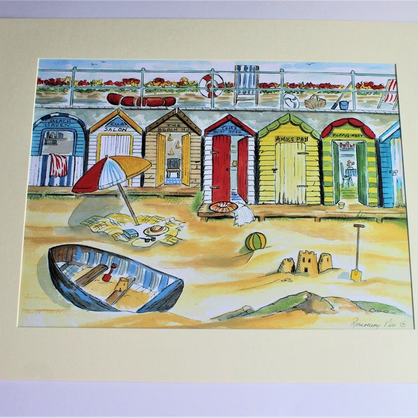 Watercolour print of seaside beach huts