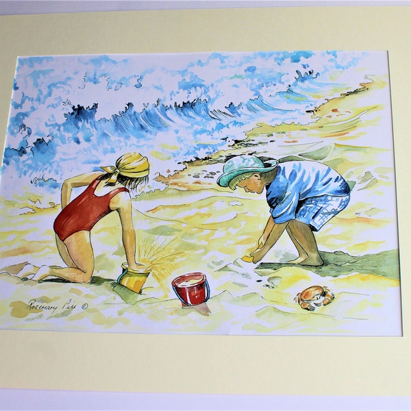 Watercolour print of children playing on beach