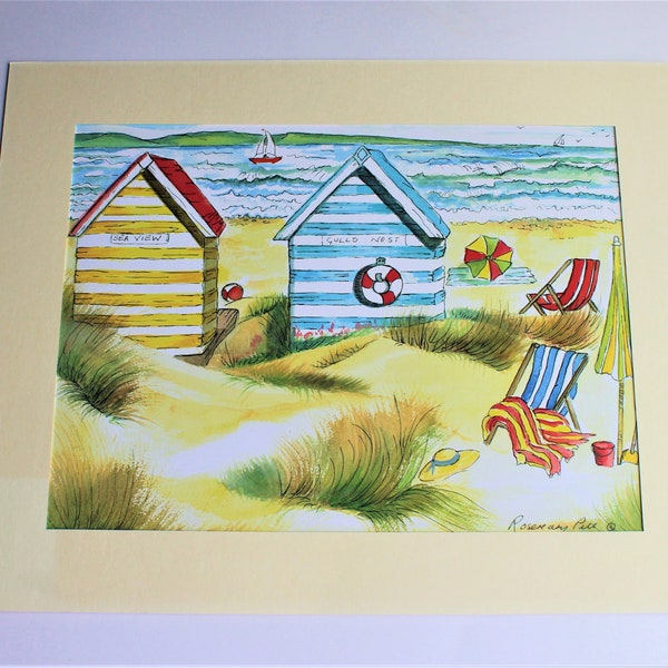 Watercolour print of beach huts with deckchairs