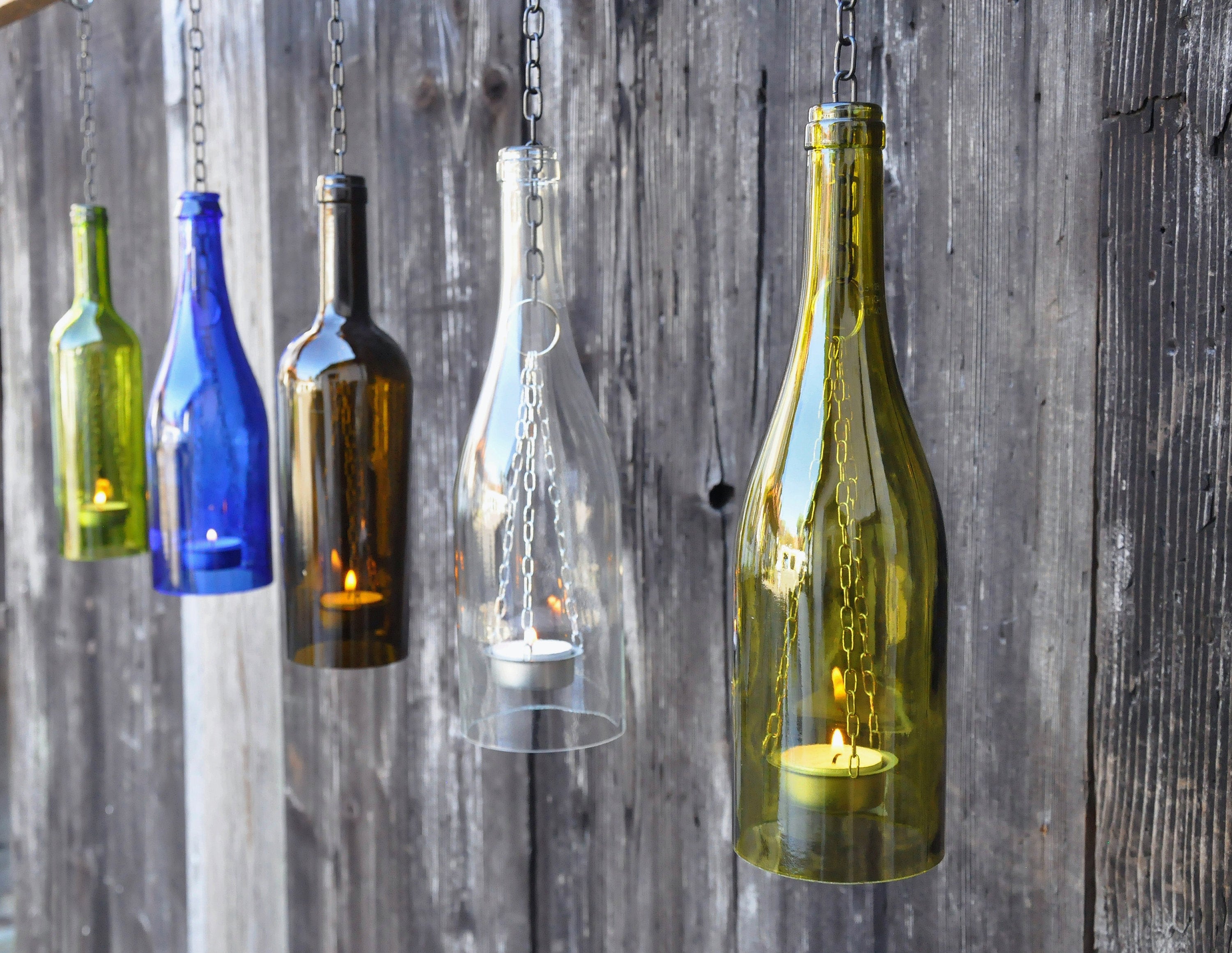 Handgefertigtes hängendes Windlicht - Flaschenlicht recycelte Weinflasche