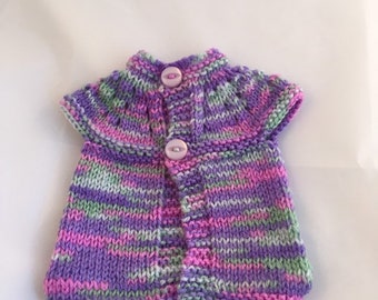 Doll sleeveless top, hand knitted in multi colour acrylic yarn will fit 14" doll up to 10" chest, machine washable