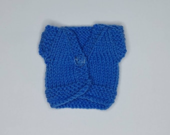 Short sleeve cardigan in mid blue for 10 inch doll, acrylic yarn and machine washable
