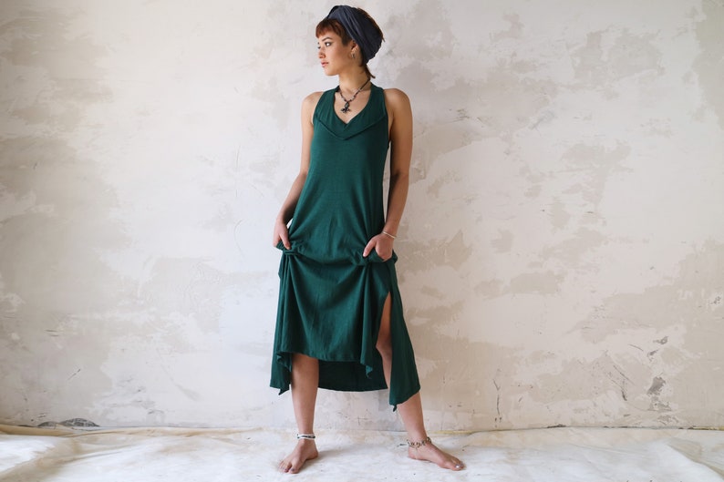 Emerald Green Dress, Sleevless Boho Dress, Loose Dress, Midi Dress, Boho Fashion, Summer Dress, Ethnic Clothing, Cotton Dress, Pocket Dress image 1