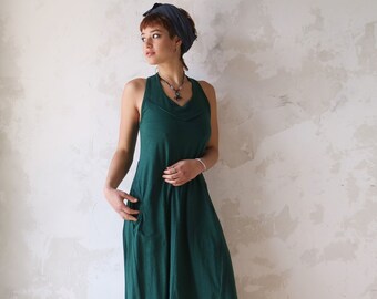 Emerald Green Dress, Boho Fashion, Summer Dress, Ethnic Clothing, Sleevless Boho Dress, Loose Dress, Midi Dress, Cotton Dress, Pocket Dress