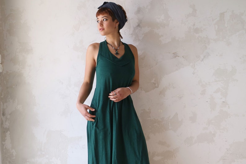 Emerald Green Dress, Sleevless Boho Dress, Loose Dress, Midi Dress, Boho Fashion, Summer Dress, Ethnic Clothing, Cotton Dress, Pocket Dress image 3