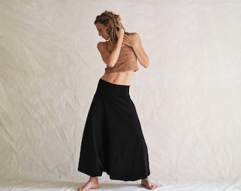 Black oversized natural cotton harem pants extreme low crotch skirt pants comfortable and cozy cotton fabric pants for dance and movement