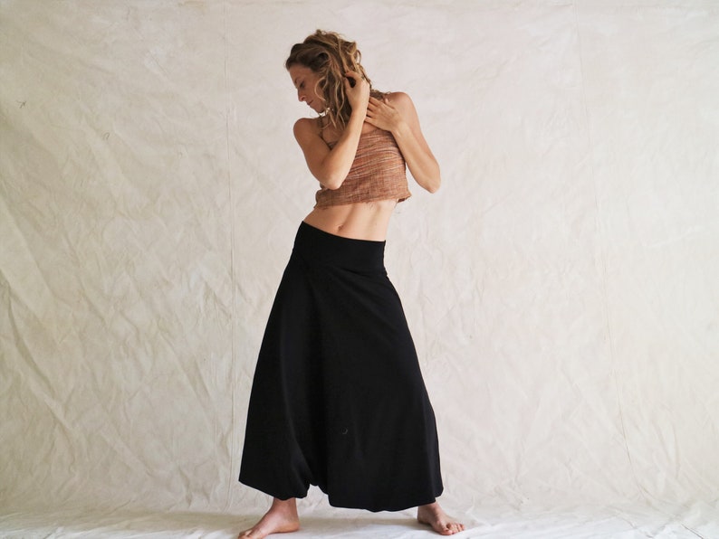 Black oversized natural cotton harem pants extreme low crotch skirt pants comfortable and cozy cotton fabric pants for dance and movement image 1
