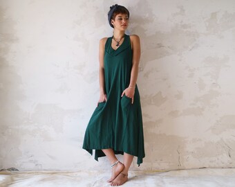 Emerald Green Dress, Natural Clothing, Loose Dress, Midi Dress, Boho Fashion, Summer Dress, Sleevless Boho Dress, Cotton Dress, Pocket Dress