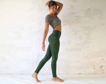 Green Yoga Leggings, Festival Clothing, Yoga Pants, Natural Clothing, Side Slits Leggings, Cotton Leggings, Unique Leggings for Women, Yoga