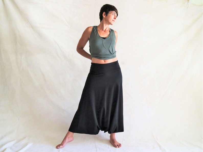 Black oversized natural cotton harem pants extreme low crotch skirt pants comfortable and cozy cotton fabric pants for dance and movement image 2