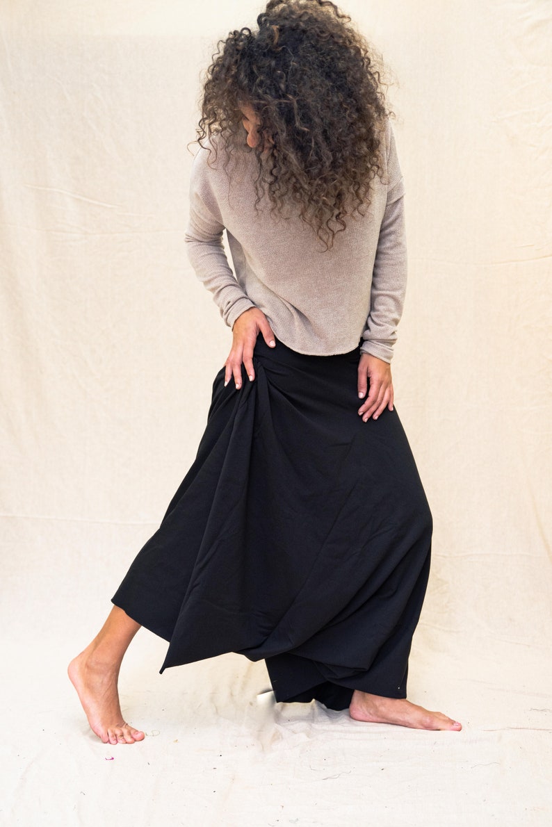 Black oversized natural cotton harem pants extreme low crotch skirt pants comfortable and cozy cotton fabric pants for dance and movement image 9