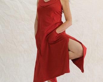 Sleeveless Red Dress, Boho Fashion, Summer Dress, Festival Clothing, Boho Dress, Loose Dress, Midi Dress, Cotton Dress, Pocket Dress