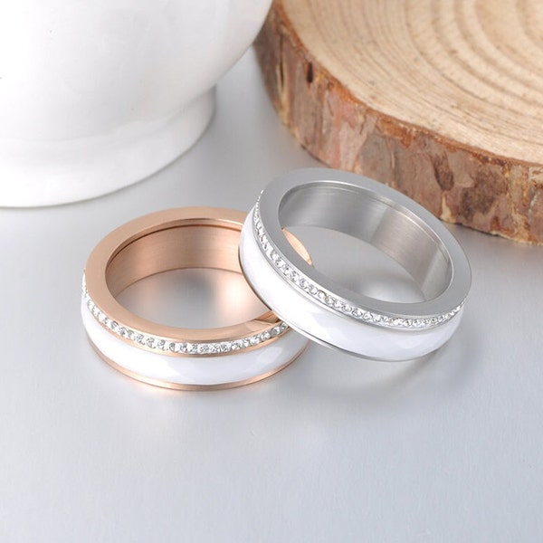 Klassischer Ring | Edelstahl |  Weiß Keramik | Rose Gold | Silber