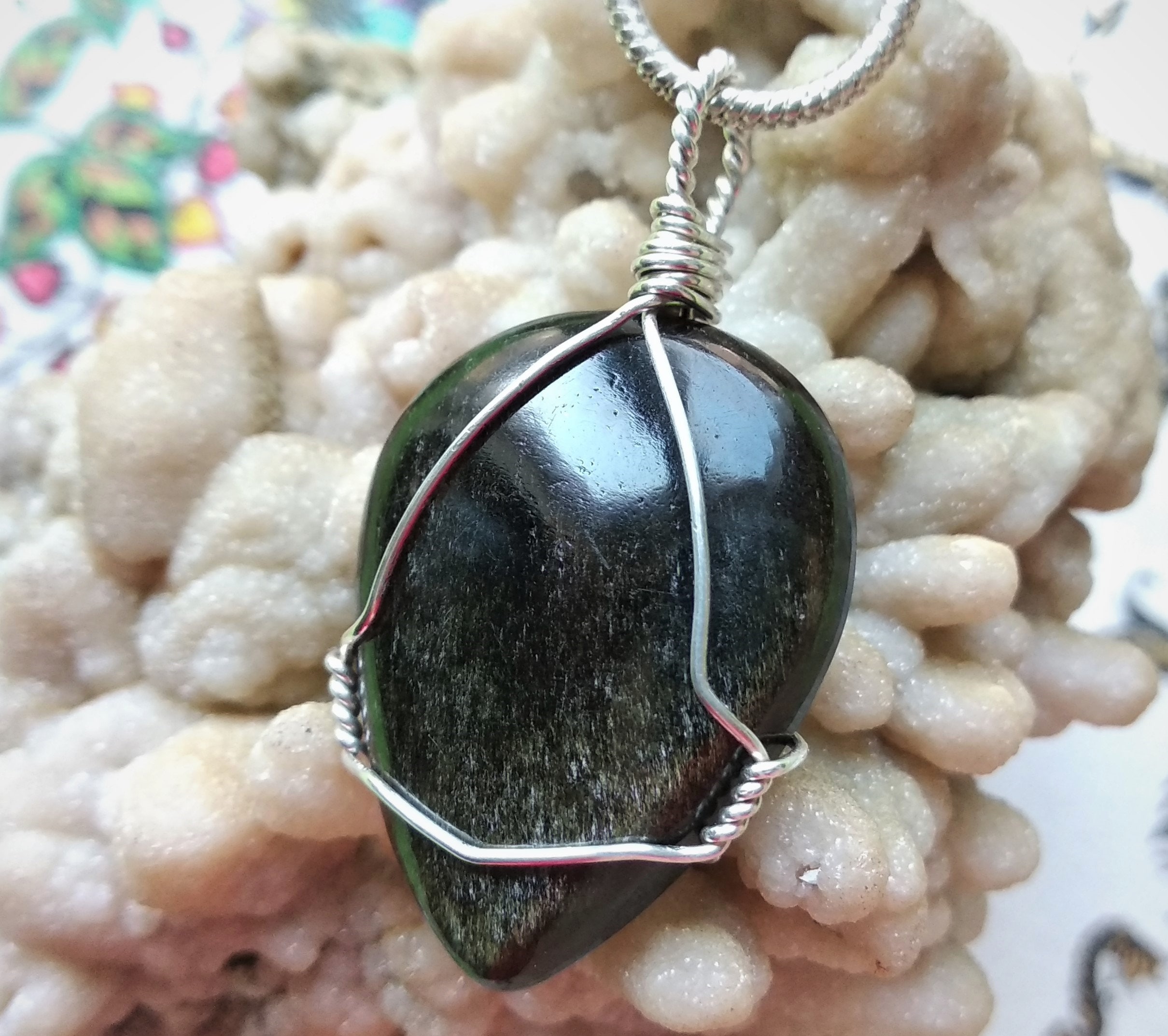 Silver sheen Obsidian pendant Wire wrapped Sterling Silver | Etsy