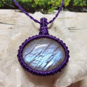 Belomorite Moonstone Macrame Necklace, Purple Boho Necklace with Crystal, Handmade Jewelry