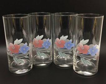 Vintage Drinking Glasses,  Pink and Blue Floral Drinking Glass Tumblers by Ocean Thailand