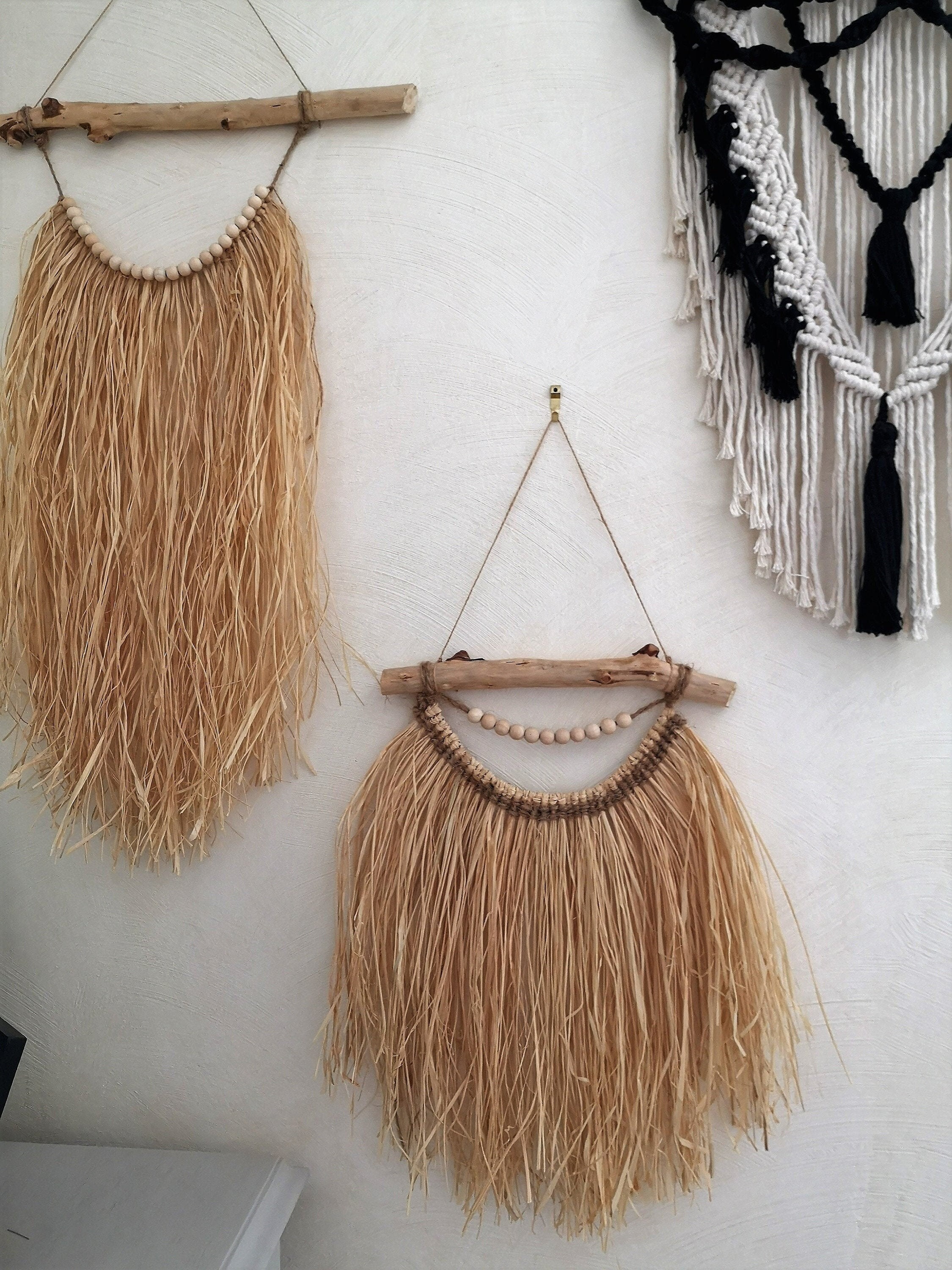 Suspension Murale en Raphia Naturel Perle Bois