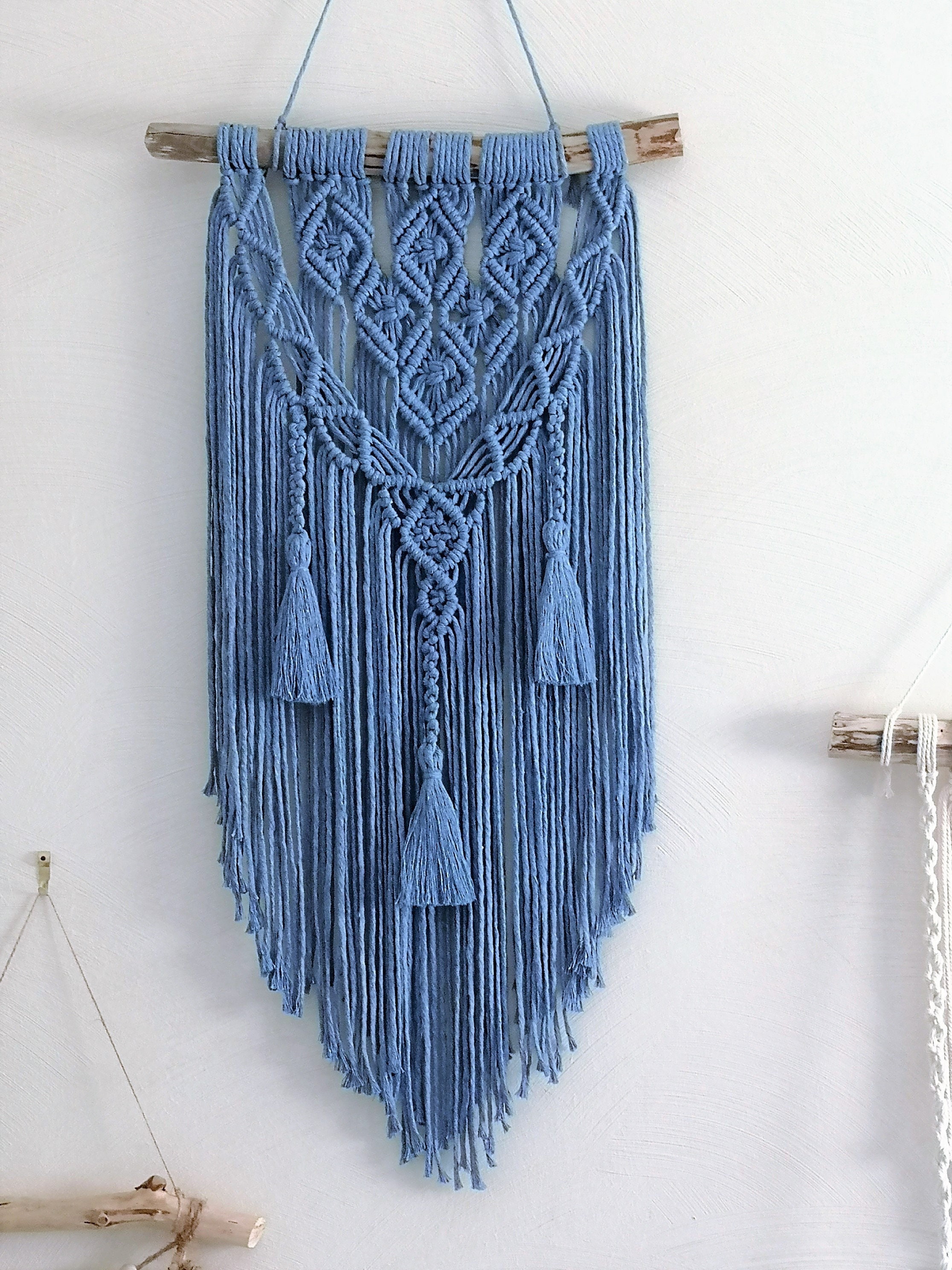 Macramé Mural Bleu, Décor Boho, Bohème, Suspension Murale, Tenture Murale