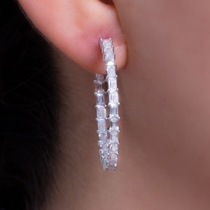 Baguette White Earrings Baguette Jewelry Hoop Earrings 3x2mm Baguette White Cz 925K Sterling Silver Earrings 14K /& 18K Solid White Gold
