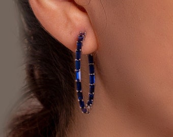 Baguette White Earrings Baguette Jewelry Hoop Earrings 3x2mm Baguette White Cz 925K Sterling Silver Earrings 14K /& 18K Solid White Gold