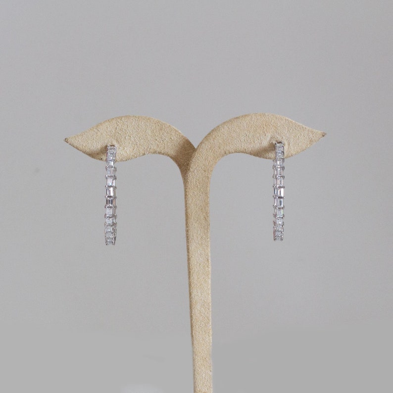 Baguette White Earrings Baguette Jewelry Hoop Earrings 3x2mm Baguette White Cz 925K Sterling Silver Earrings 14K /& 18K Solid White Gold