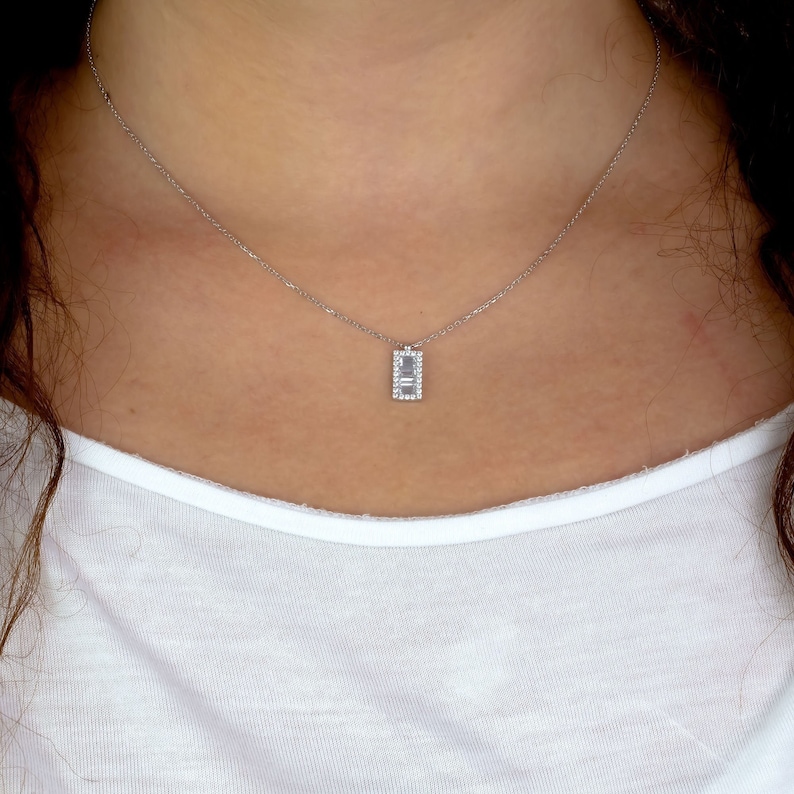 Baguette Necklace Baguette Jewelry Art Deco Necklace Baguette White Cz Sterling Silver Necklace 14K /& 18K Solid White Gold Necklace