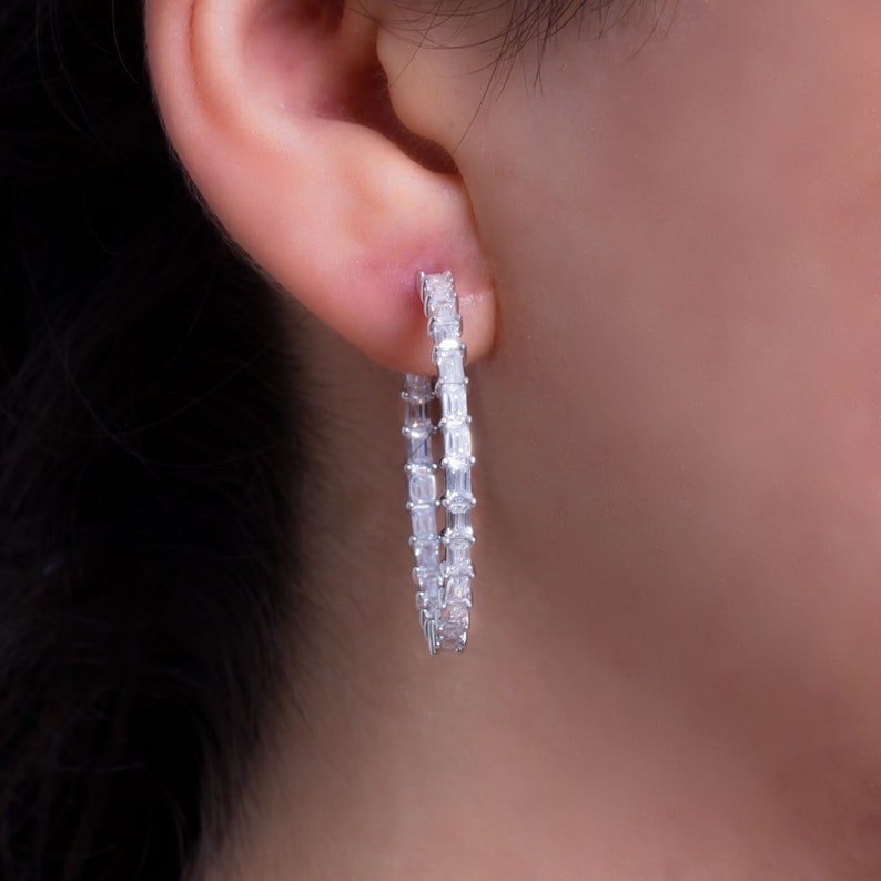 Baguette White Earrings Baguette Jewelry Hoop Earrings 3x2mm Baguette White Cz 925K Sterling Silver Earrings 14K /& 18K Solid White Gold