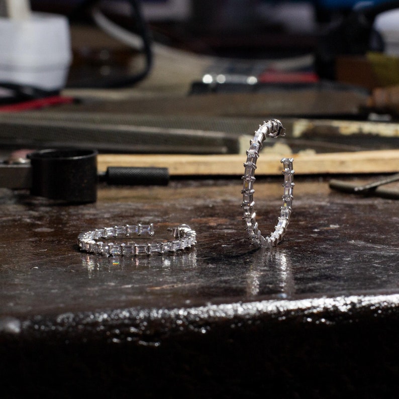 Baguette White Earrings Baguette Jewelry Hoop Earrings 3x2mm Baguette White Cz 925K Sterling Silver Earrings 14K /& 18K Solid White Gold