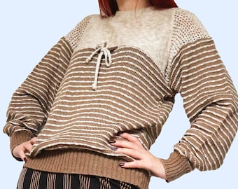 Beige Brown Vintage Sweater Stipes Jumper Knitted Women Fashion Retro Clothing Long Sleeved Pullover