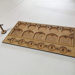 May include: A wooden game board with six circular spaces for tokens. Each space has a different icon and text describing the action. The board has a number from 1 to 6 on each side.