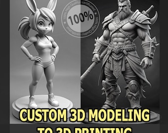 May include: A grayscale image showcasing two 3D-printed figures: a muscular female bunny-eared character and a male warrior. The text "CUSTOM 3D MODELING TO 3D PRINTING" is displayed at the bottom, with a "100% High Quality" seal.