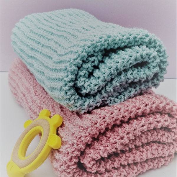 Chunky hand knitted baby blanket. Small or medium in size. Lots of different colours. Made to order.