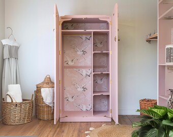 Vintage Upcycled Pink Wardrobe | Hand-Painted Armoire with WoodUbend Details | Elegant Nursery or Bedroom Storage