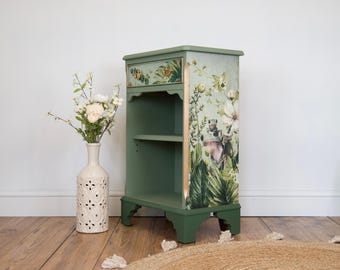 Upcycled Enchanted Woodland Green Bedside Cabinet | Hand-Painted Vintage Furniture | Unique Frog & Floral Decoupage