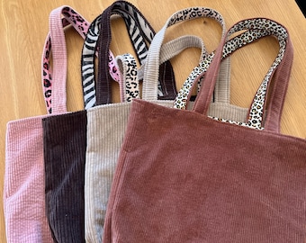 Borsa tote in velluto a coste foderata in cotone con stampa savana / borsa shopping in velluto