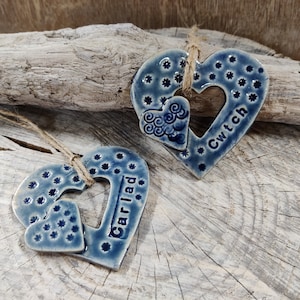 Welsh Ceramic Heart Decoration Cwtch & Cariad | Hug | Love | Valentines Gift | Welsh Gift | Made in Wales | V21 Pottery