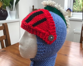 Hand Knitted Knights Helmet for Child or small Adult in Pale Blue Green and white Crest and Red and Black Visor / Balaclava Helmet