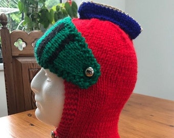 Hand Knitted Knights Helmet for Child or small Adult in Red with Blue Crest and Green and Black Visor / Balaclava Helmet