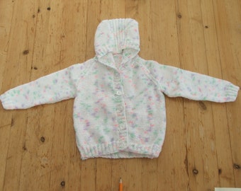 New Hand Knitted baby hooded Jacket/  White flecked hoodie Jacket / Knitted baby jacket/baby cardigan with hood for 6-9 months / baby coat