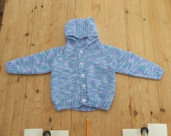 New Hand Knitted Blue and purple baby Jacket with hood / Baby jacket hand knitted / Knitted baby cardigan with hood for 9-12 months.