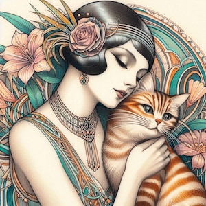 Carte toutes occasions Dame art déco avec un chat roux au secours de lévriers