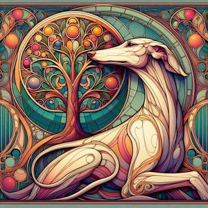 Tarjeta de felicitación para cualquier ocasión: galgo, whippet y árbol de la vida